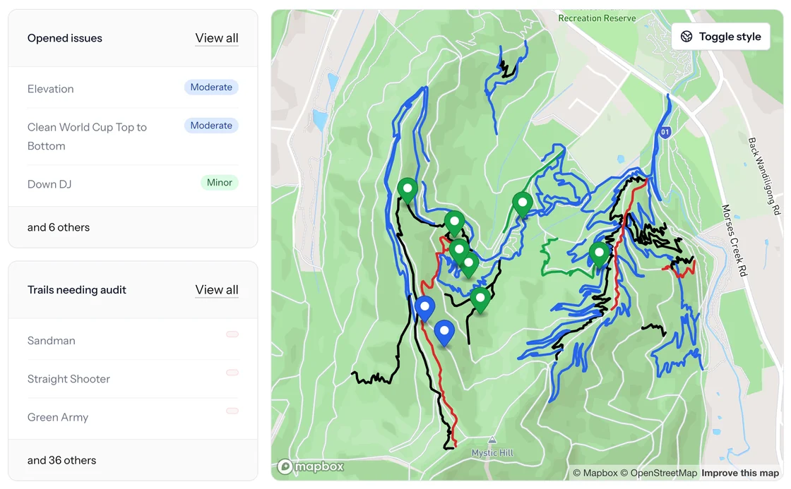 Le tableau de bord TrailCheck : la liste des anomalies ouvertes avec leur gravité, les pistes à contrôler, et la carte du domaine avec les pistes colorées par difficulté et les anomalies positionnées.